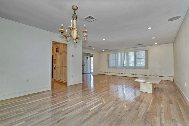68-70 Floyd St, Winthrop, MA 02152 - interior space with visible vents, baseboards, a baseboard heating unit, a notable chandelier, and light wood-style flooring