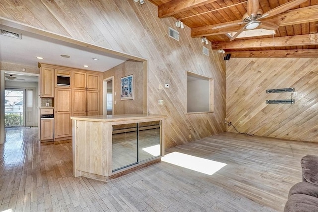 68-70 Floyd St, Winthrop, MA 02152 - interior space featuring light wood-style floors, a ceiling fan, beam ceiling, and wooden walls
