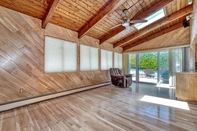 68-70 Floyd St, Winthrop, MA 02152 - unfurnished room featuring wood ceiling, wood finished floors, a baseboard radiator, lofted ceiling with beams, and wooden walls
