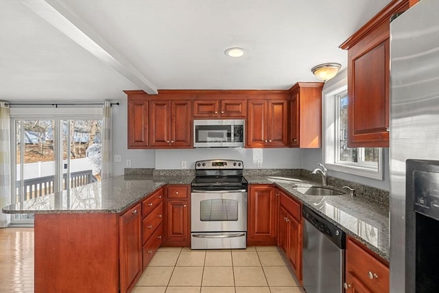 kitchen featuring a sink, a peninsula, a healthy amount of sunlight, and stainless steel appliances