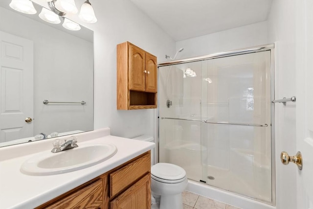 full bath with tile patterned floors, toilet, a shower stall, and vanity