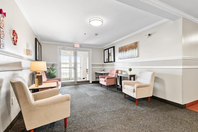 interior space featuring crown molding, french doors, and baseboards