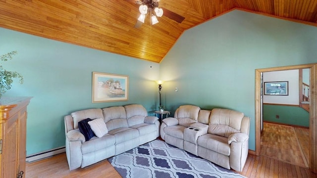 56-58 E Bacon St, Plainville, MA 02762 - living room featuring a baseboard heating unit, wood ceiling, lofted ceiling, a ceiling fan, and wood finished floors