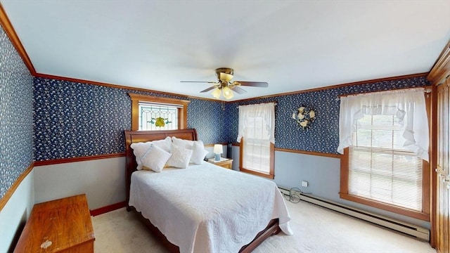 56-58 E Bacon St, Plainville, MA 02762 - carpeted bedroom with baseboard heating, crown molding, wallpapered walls, baseboards, and ceiling fan