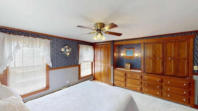 56-58 E Bacon St, Plainville, MA 02762 - carpeted bedroom featuring wallpapered walls, crown molding, and a ceiling fan