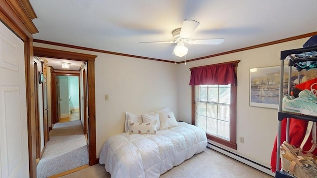 56-58 E Bacon St, Plainville, MA 02762 - carpeted bedroom featuring a baseboard radiator, ornamental molding, a ceiling fan, and baseboards