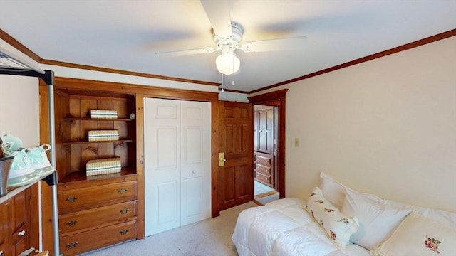 56-58 E Bacon St, Plainville, MA 02762 - bedroom with light carpet, crown molding, a closet, and ceiling fan