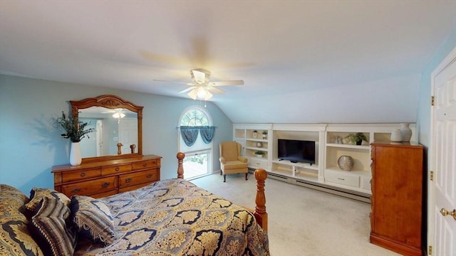 56-58 E Bacon St, Plainville, MA 02762 - carpeted bedroom with vaulted ceiling, a baseboard heating unit, and ceiling fan