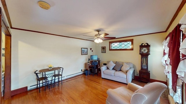 56-58 E Bacon St, Plainville, MA 02762 - living area featuring a ceiling fan, wood finished floors, a baseboard radiator, crown molding, and baseboards