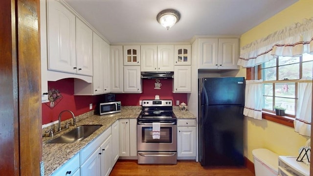 56-58 E Bacon St, Plainville, MA 02762 - kitchen featuring stainless steel appliances, a sink, under cabinet range hood, glass insert cabinets, and white cabinetry