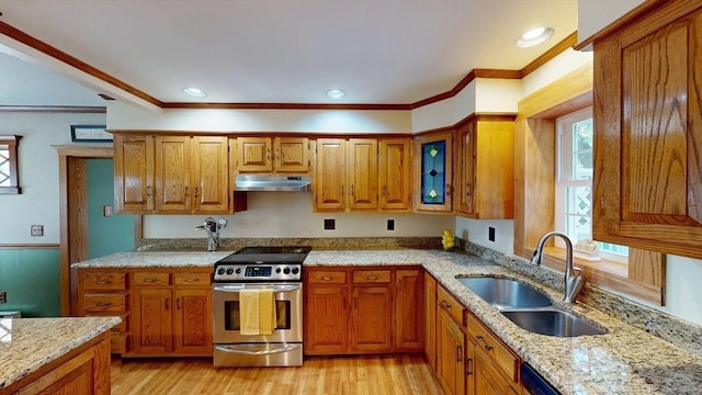 56-58 E Bacon St, Plainville, MA 02762 - kitchen with stainless steel range with electric cooktop, under cabinet range hood, a sink, brown cabinetry, and light wood-type flooring