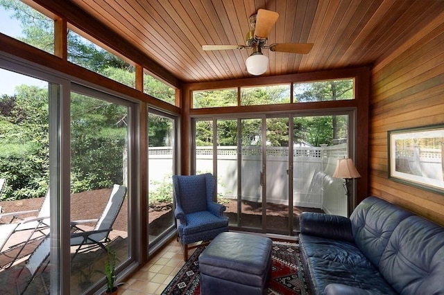 3 Tally Ho Dr, Hamilton, MA 01982 - sunroom featuring healthy amount of natural light, ceiling fan, wood walls, wooden ceiling, and tile patterned flooring