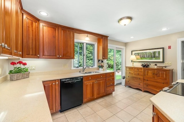 3 Tally Ho Dr, Hamilton, MA 01982 - kitchen with black dishwasher, a sink, light countertops, brown cabinetry, and recessed lighting