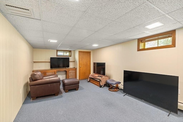 3 Tally Ho Dr, Hamilton, MA 01982 - living room featuring carpet flooring, a paneled ceiling, and a baseboard heating unit
