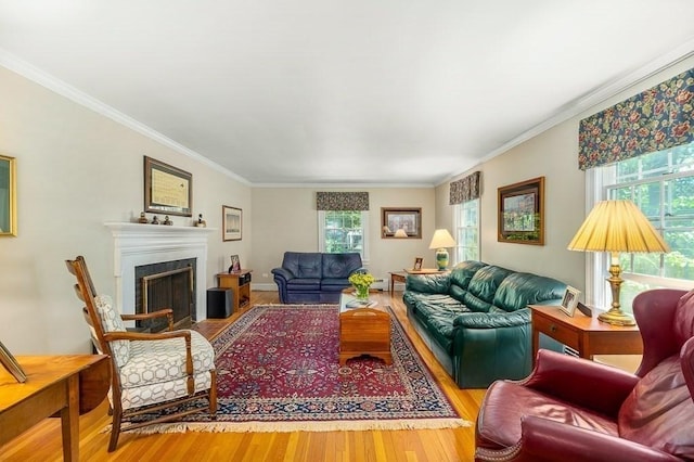 3 Tally Ho Dr, Hamilton, MA 01982 - living area with wood finished floors, healthy amount of natural light, crown molding, and a fireplace