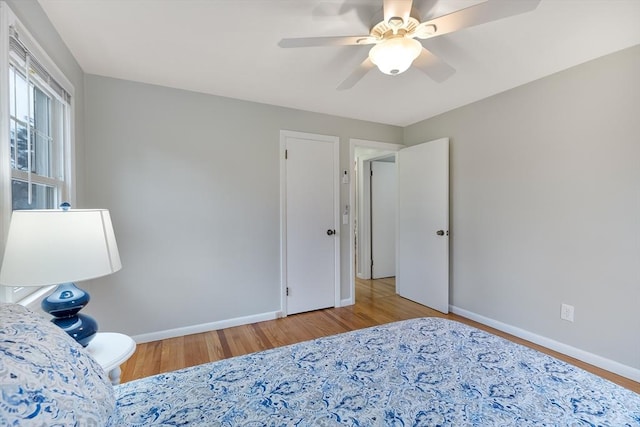 bedroom featuring ceiling fan and light wood-type flooring