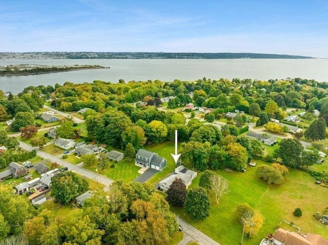 drone / aerial view featuring a water view