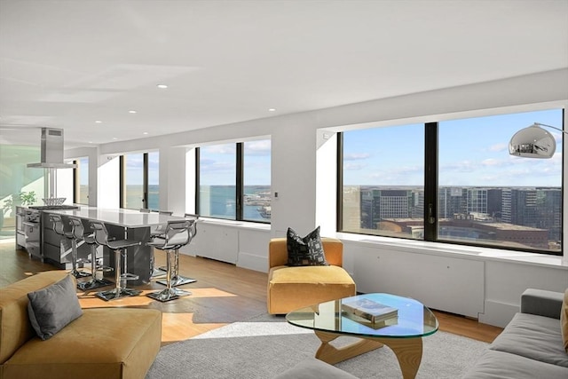 living room with light wood-style flooring, a view of city, and recessed lighting