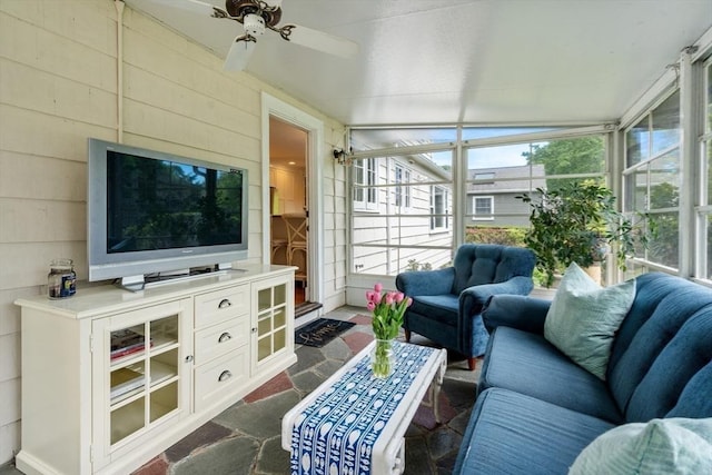 39 Manton Rd, Swampscott, MA 01907 - sunroom / solarium with an outdoor living space, ceiling fan, stone finish flooring, and exterior kitchen