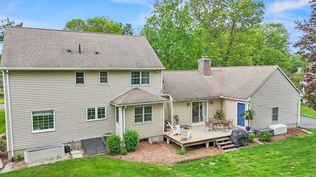 188 Munger Hill Rd, Westfield, MA 01085 - rear view of property featuring a wooden deck, a chimney, a lawn, and roof with shingles