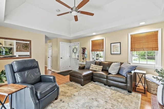 188 Munger Hill Rd, Westfield, MA 01085 - living room featuring a tray ceiling, healthy amount of natural light, a ceiling fan, wood finished floors, and recessed lighting