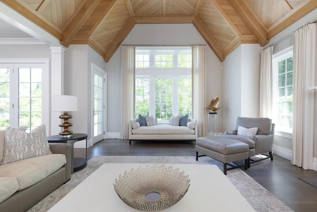 8 Hidden Rd, Weston, MA 02493 - living room featuring baseboards, wood ceiling, plenty of natural light, and wood finished floors
