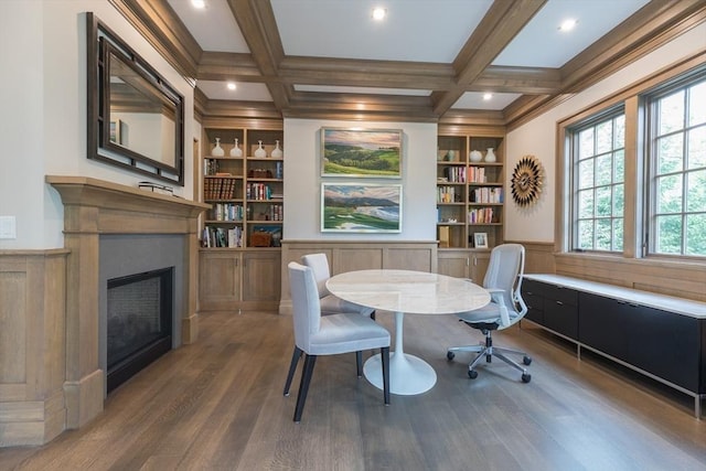 8 Hidden Rd, Weston, MA 02493 - dining room featuring wood finished floors, built in shelves, a fireplace, beam ceiling, and wainscoting