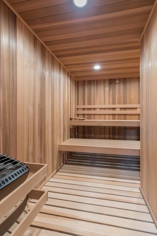 8 Hidden Rd, Weston, MA 02493 - sauna / steam room with wood ceiling, wood walls, and recessed lighting