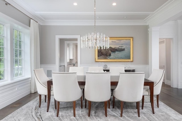 8 Hidden Rd, Weston, MA 02493 - dining space featuring crown molding, a wainscoted wall, wood finished floors, a chandelier, and a decorative wall