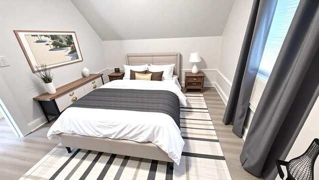 bedroom with baseboards, light wood-style floors, and vaulted ceiling