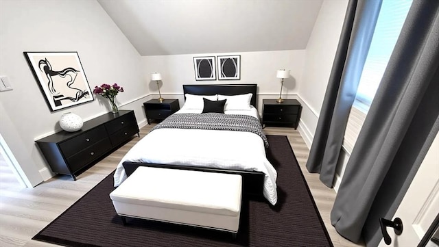 bedroom with light wood-type flooring, vaulted ceiling, and baseboards