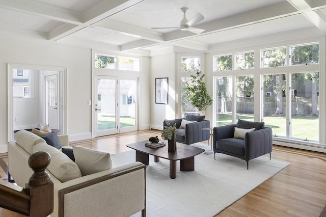 interior space featuring beam ceiling, a healthy amount of sunlight, coffered ceiling, and light wood-type flooring