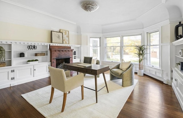 interior space with crown molding, a fireplace, a baseboard radiator, and dark wood-type flooring