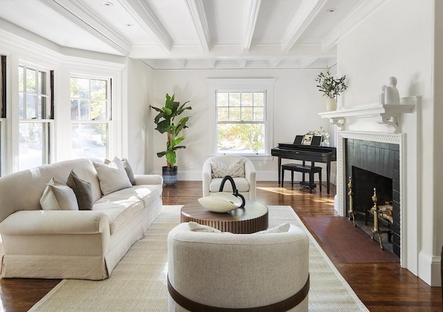 living room featuring a tile fireplace, a wealth of natural light, and dark wood-type flooring