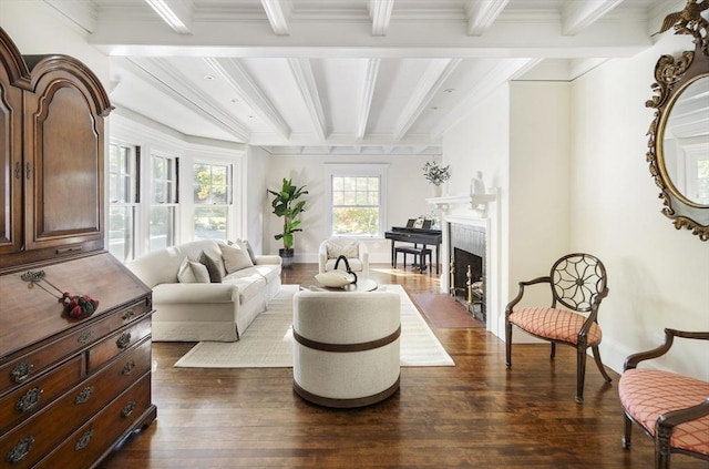 living room with beam ceiling, dark hardwood / wood-style flooring, a premium fireplace, and crown molding