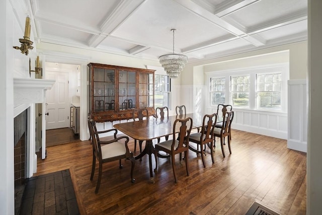 dining area with beamed ceiling, dark wood-type flooring, and coffered ceiling