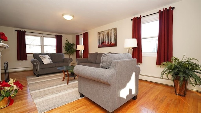 living room with hardwood / wood-style flooring, plenty of natural light, and a baseboard radiator