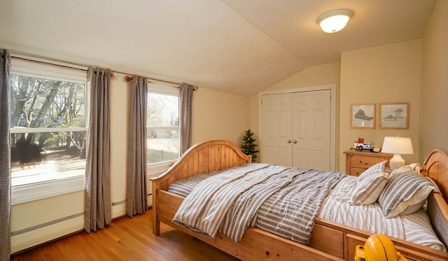 bedroom featuring a closet, vaulted ceiling, and hardwood / wood-style flooring