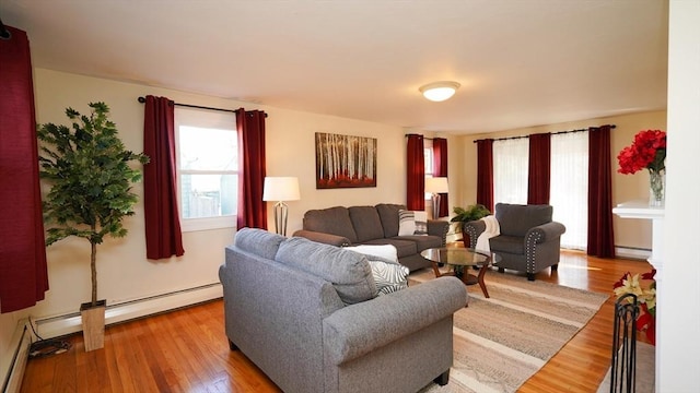 living room featuring hardwood / wood-style floors and baseboard heating