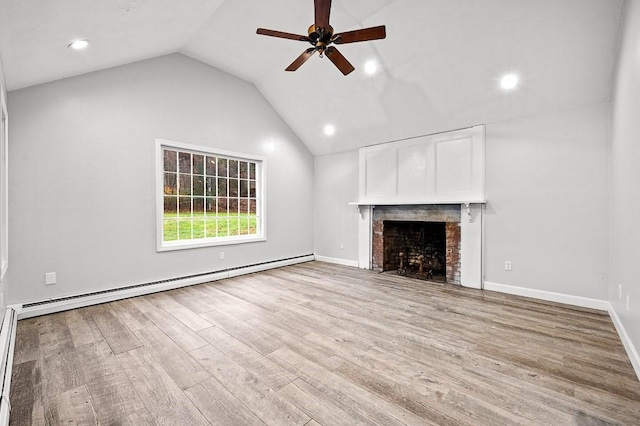 853 Oxford St S, Auburn, MA 01501 - unfurnished living room featuring ceiling fan, lofted ceiling, wood finished floors, recessed lighting, and a baseboard heating unit
