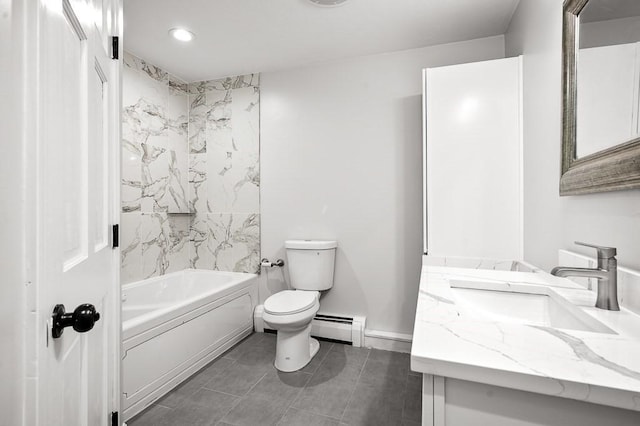 853 Oxford St S, Auburn, MA 01501 - full bath featuring baseboard heating, vanity, toilet, bathtub / shower combination, and recessed lighting