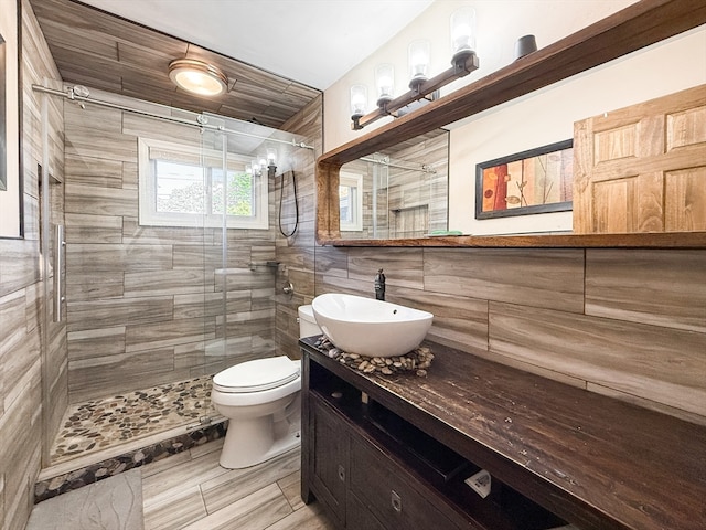 bathroom featuring vanity, a shower with shower door, toilet, and tile walls