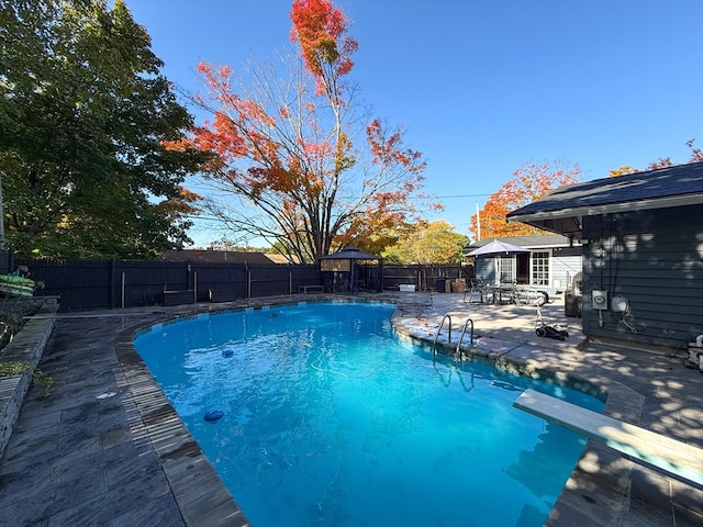 view of swimming pool with a patio area and a diving board