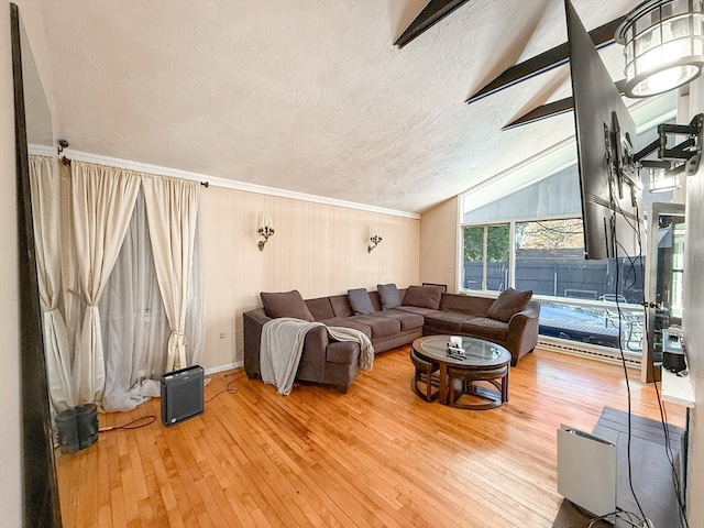 living room with lofted ceiling, wood-type flooring, a textured ceiling, and ornamental molding