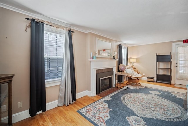 living area with a fireplace with flush hearth, baseboards, and wood finished floors