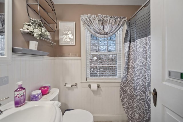 full bathroom featuring wainscoting, a sink, and toilet