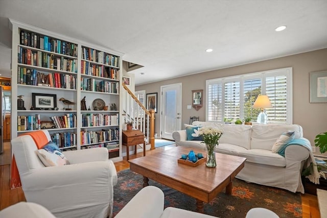 12 14th St, Newbury, MA 01951 - living area featuring wood finished floors, recessed lighting, and stairway