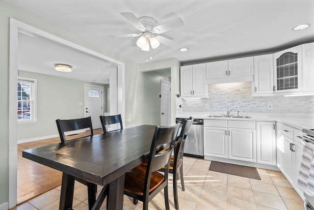 dining space featuring light tile patterned floors, ceiling fan, and recessed lighting