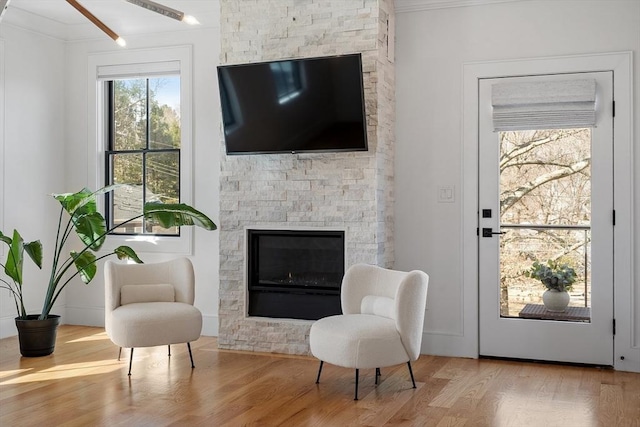 living area featuring a stone fireplace and wood finished floors