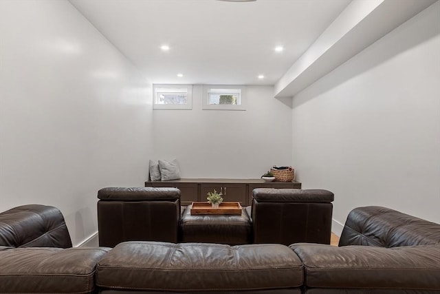 cinema featuring recessed lighting and baseboards